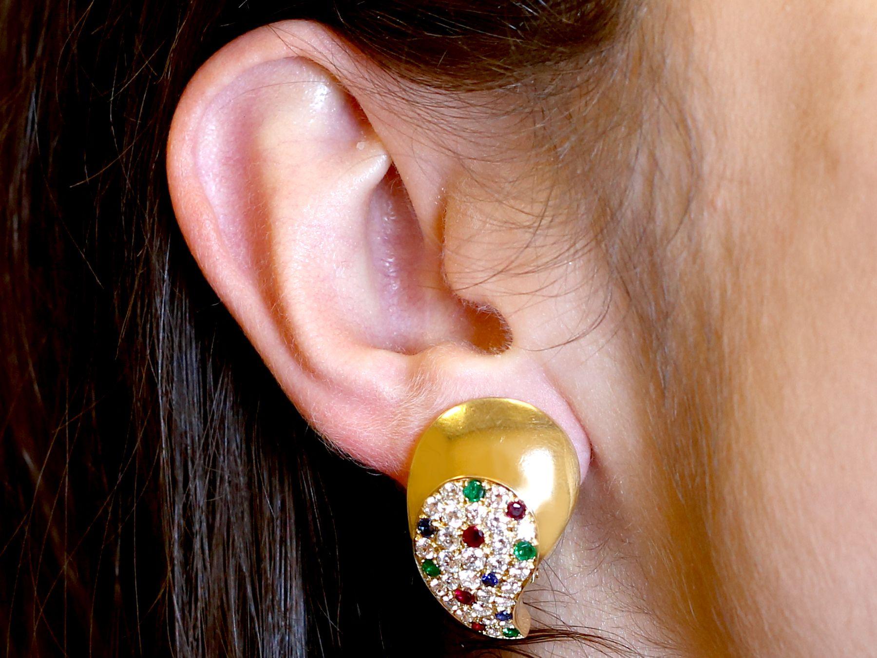 French 1.97 Carat Diamond Ruby Emerald and Sapphire 18k Yellow Gold Earrings For Sale 2