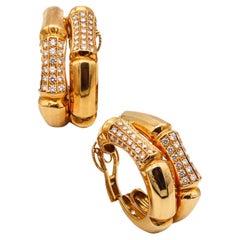 Vintage French 1970 Bamboo Pattern Hoops Earrings 18Kt Gold with 5.72 Ctw in VS Diamonds