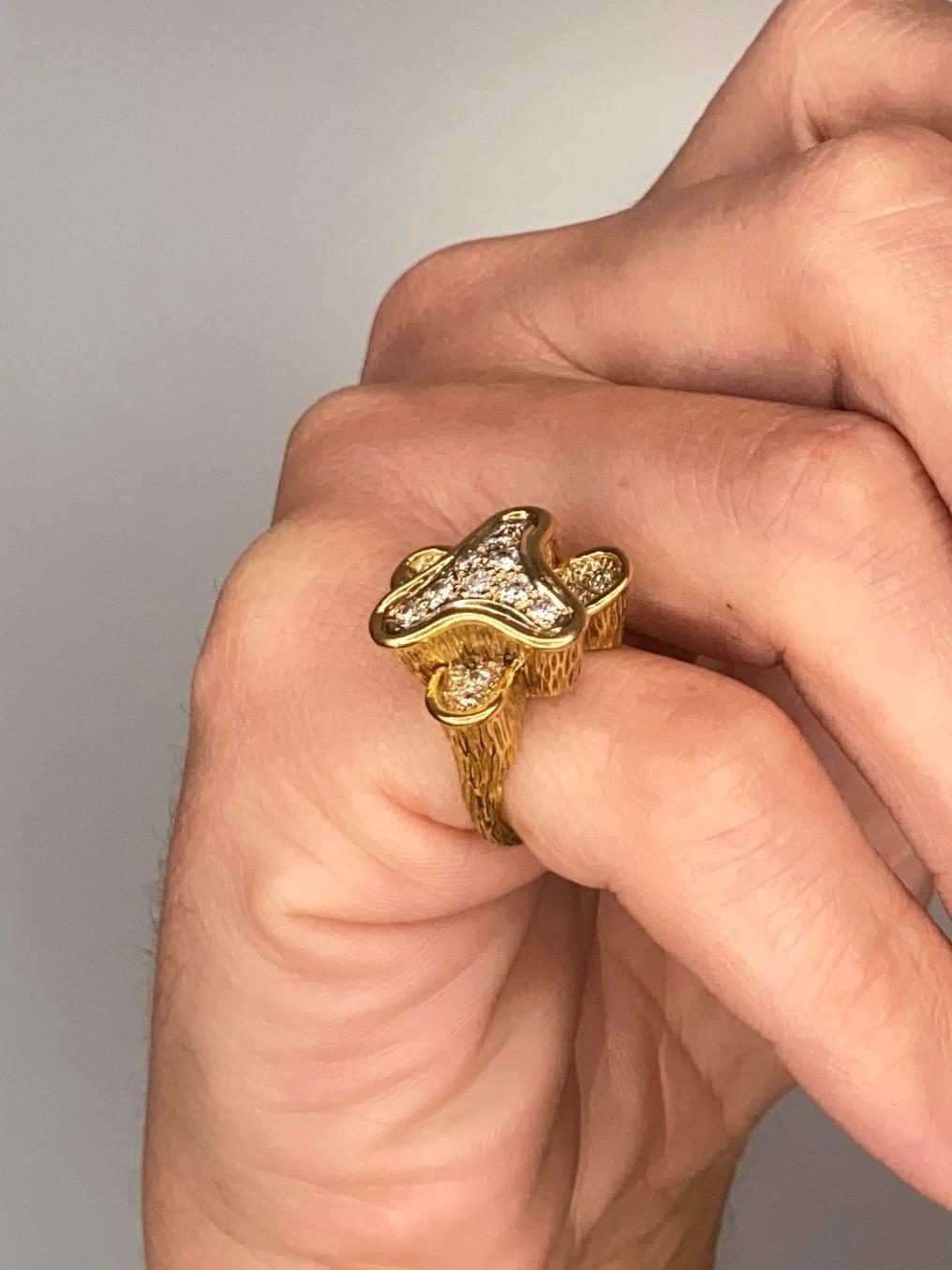 A modernism French sculptural ring.

Beautiful wearable piece of concretism art, created in Paris France in the early 1970's. This sculptural cocktail ring has been crafted with three dimensional free forms in solid yellow gold with textured