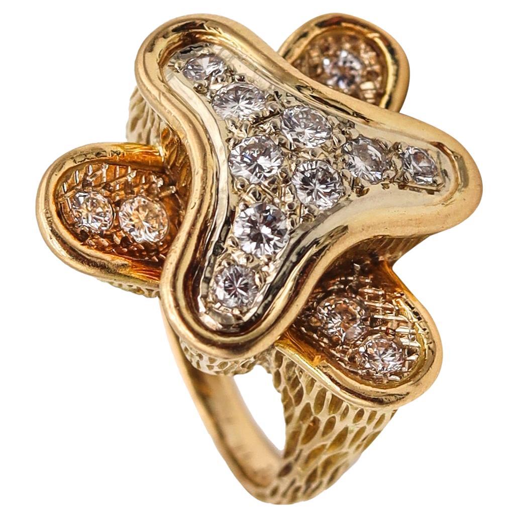 French 1970 Modernism Free Form Ring in 18Kt Gold Platinum with 1.12 Cts Diamond For Sale