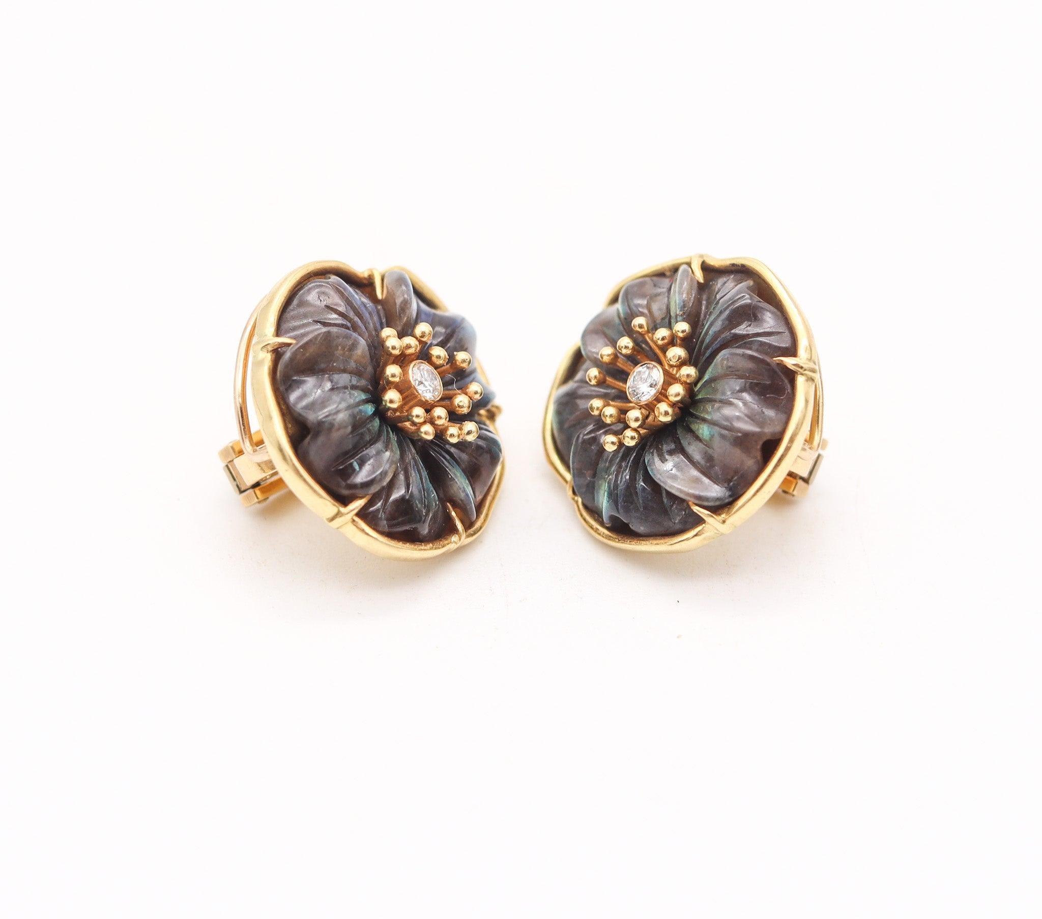 Pendientes Modernistas FRANCESES 1970 Oro 18Kt Con Diamantes y Labradoritas 30,20 qt Cabujón en venta