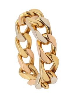 FRENCH 1970 Modernist Tri-Color Bold Geometric Links Bracelet In 18Kt Gold