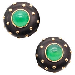 FRENCH 1970 Modernist Wood Clips Earrings In 18Kt Yellow Gold With Chrysoprase