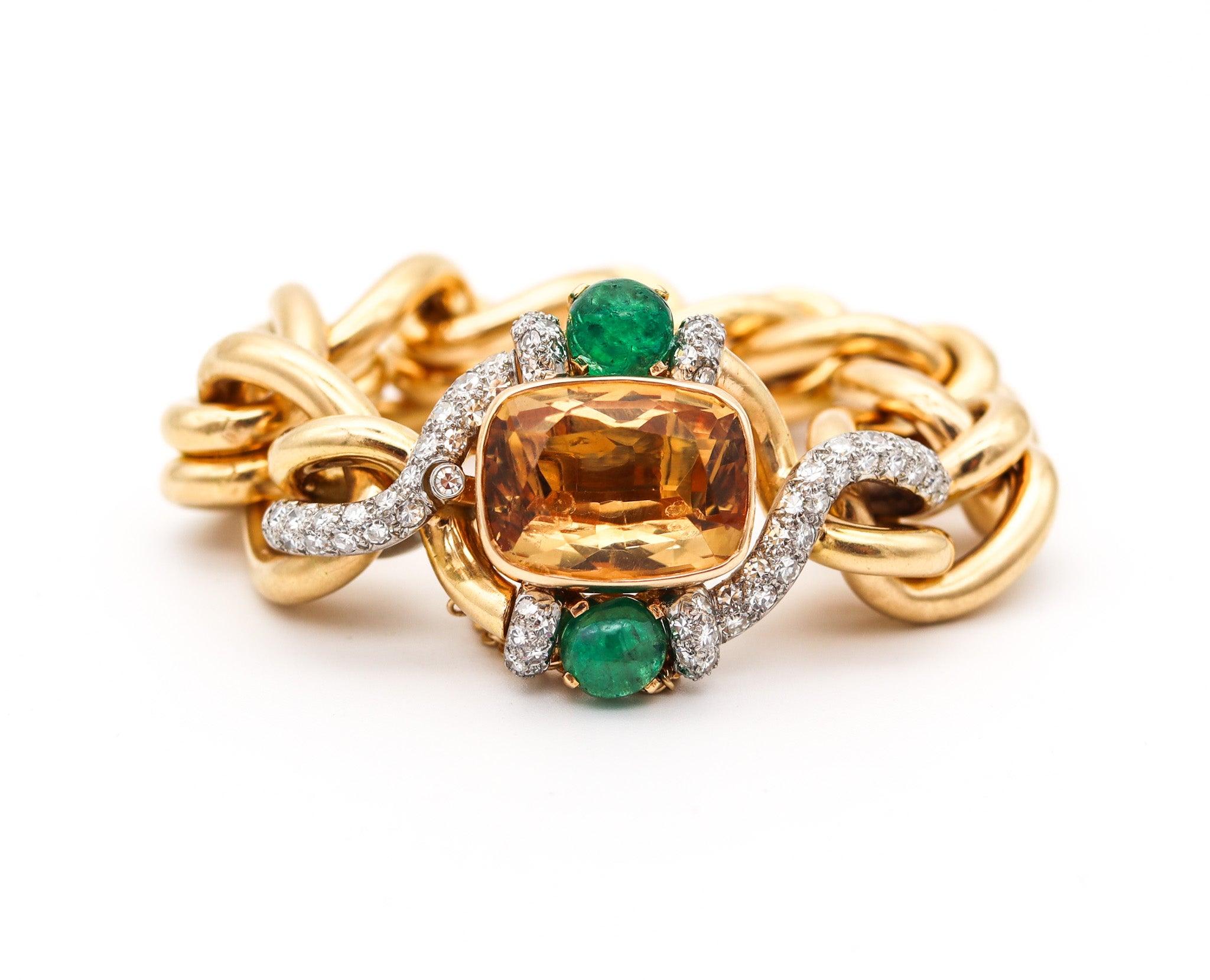 Cushion Cut FRENCH 1970 Mousetrap Bracelet In 18Kt Gold & Platinum With 25.41 Ctw Gemstones