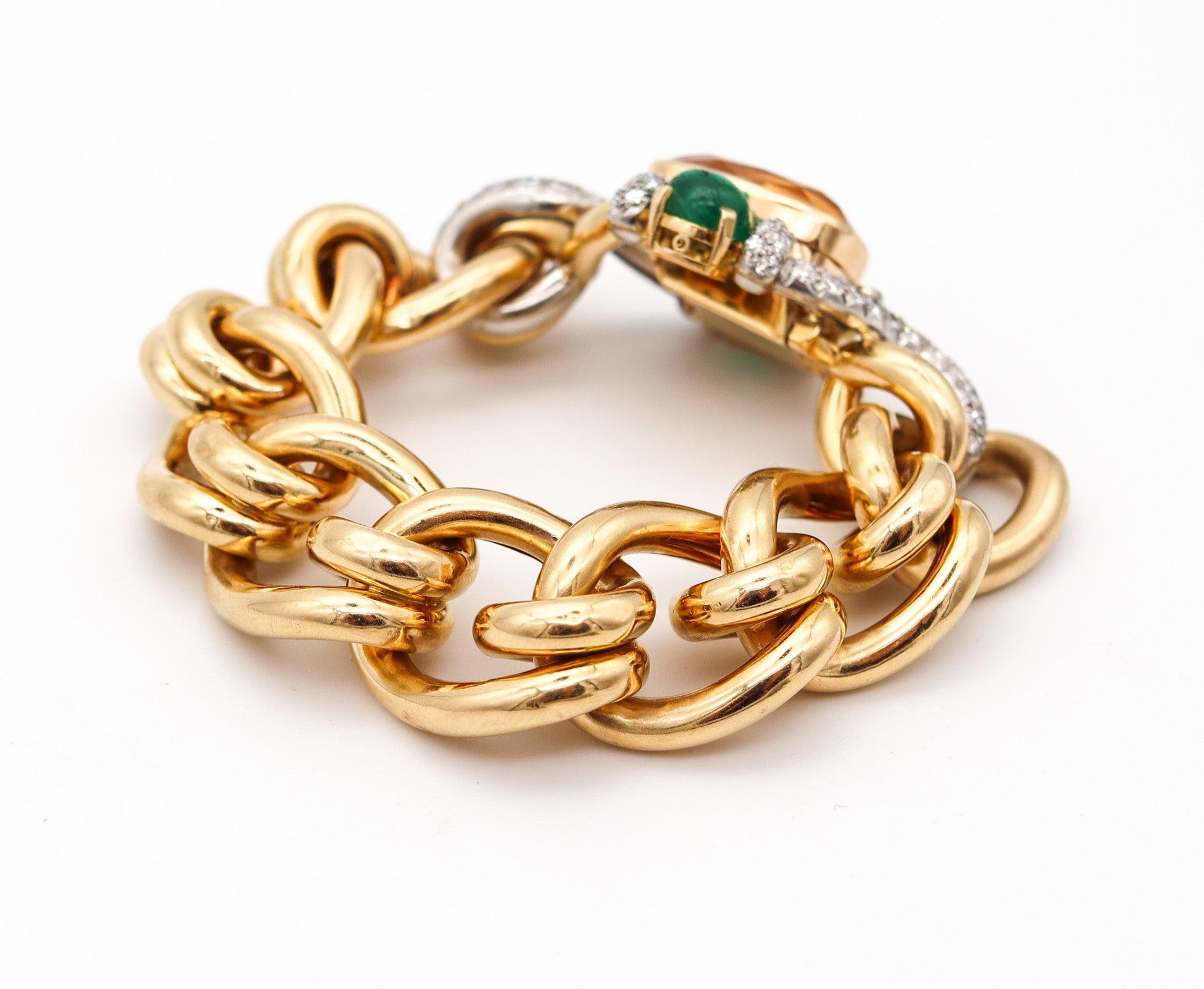 FRENCH 1970 Mousetrap Bracelet In 18Kt Gold & Platinum With 25.41 Ctw Gemstones In Excellent Condition In Miami, FL