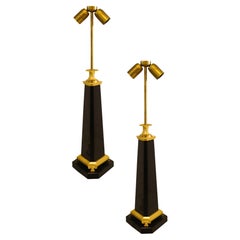 Retro French 1970 Neoclassical Pair of Table Lamps in Black Onyx and Gilded Ormolu