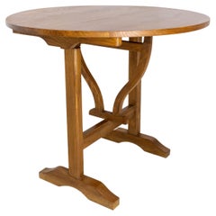 French 1970 Oak Round Dining Table, Style of Winemaker Table, Tilt-Top Table