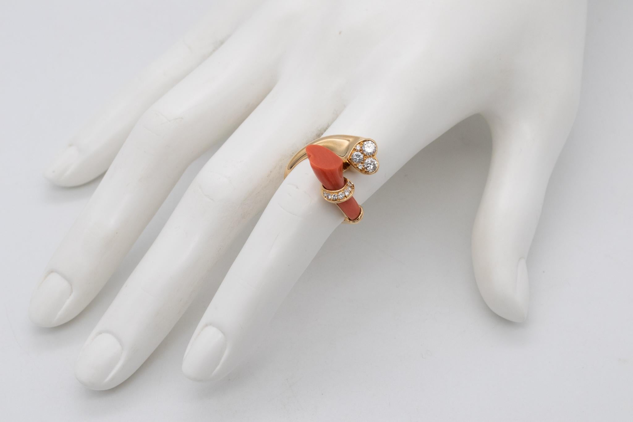 Modernist French 1970 Toi Et Moi Ring in 18Kt Yellow Gold with VVS Diamonds and Coral