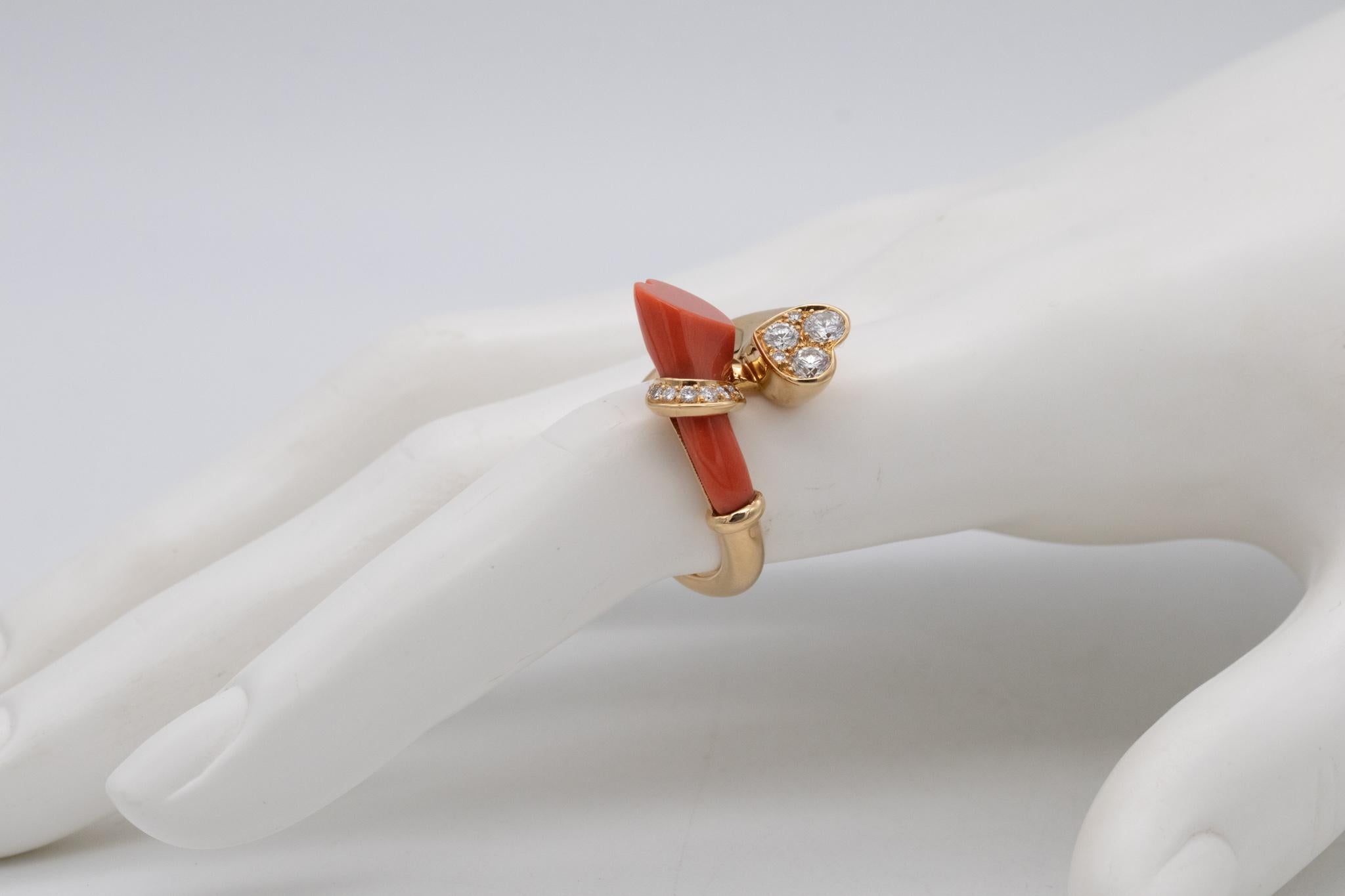 Women's French 1970 Toi Et Moi Ring in 18Kt Yellow Gold with VVS Diamonds and Coral