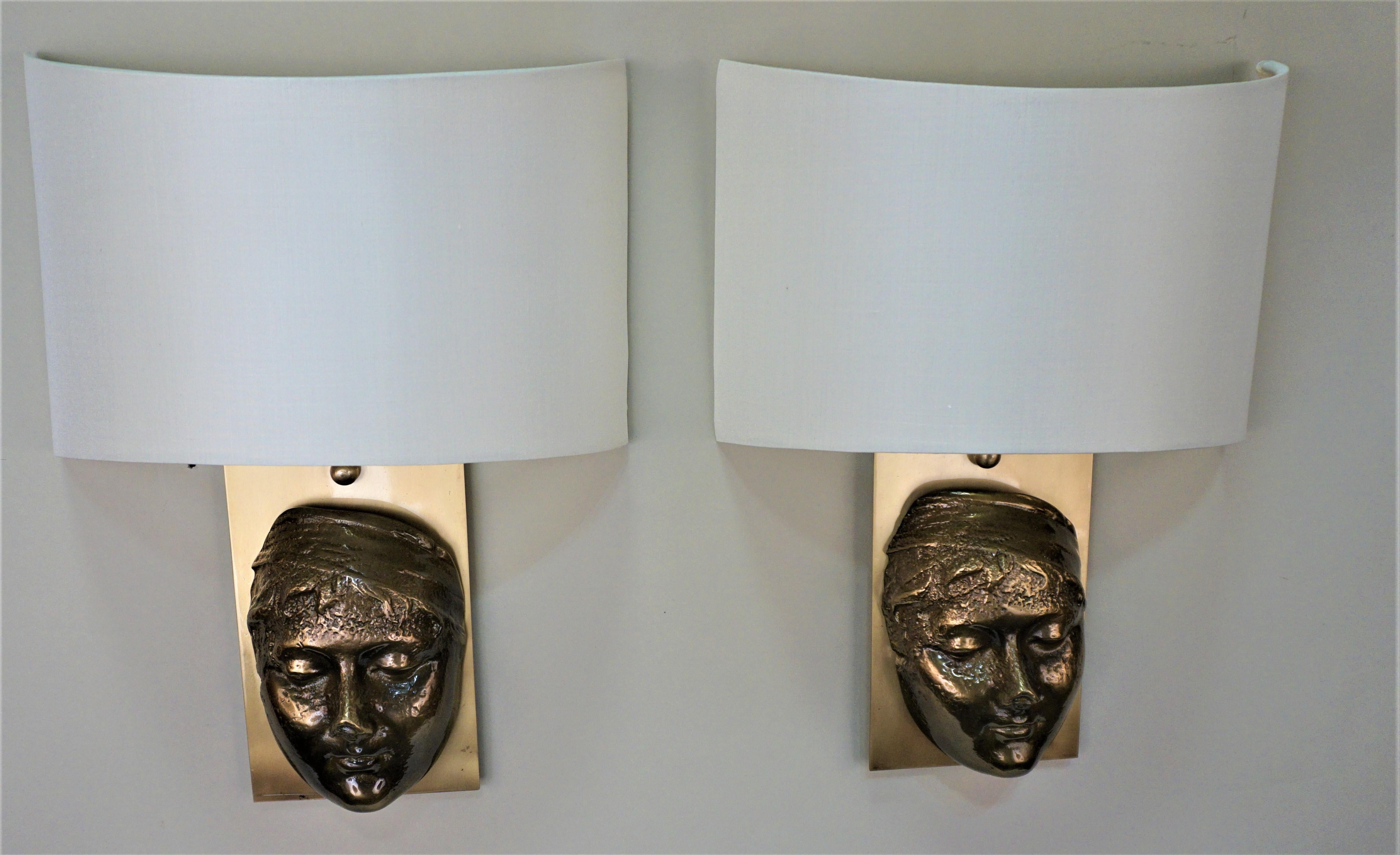 French 1970' Bronze Face Sculpture Wall Sconces For Sale 5