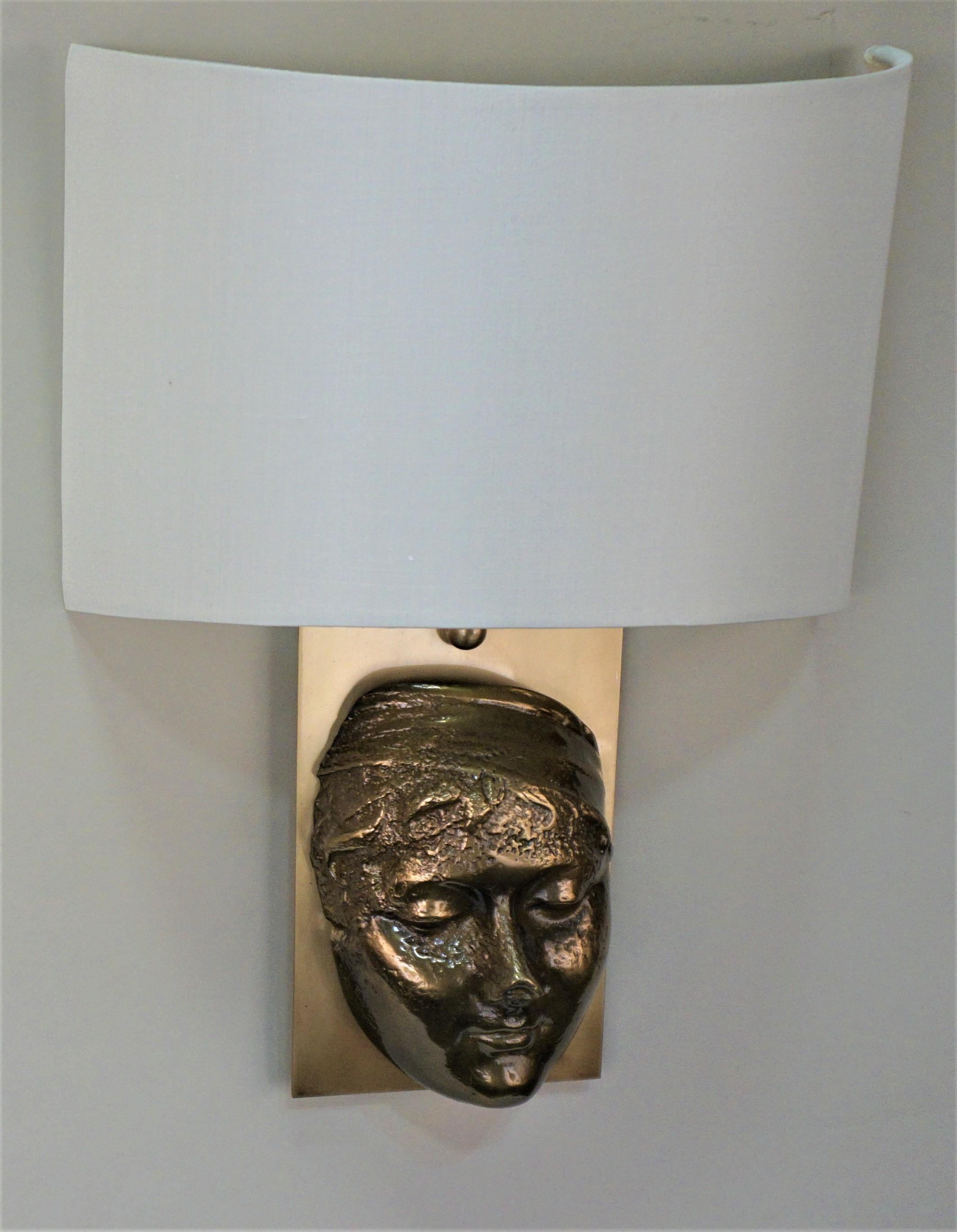 French 1970' Bronze Face Sculpture Wall Sconces For Sale 4