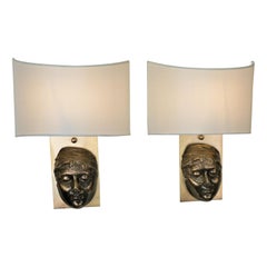 Used French 1970' Bronze Face Sculpture Wall Sconces