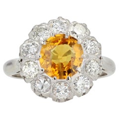 French 1970s 1.60 Carat Yellow Sapphire Diamonds 18 Karat White Gold Daisy Ring