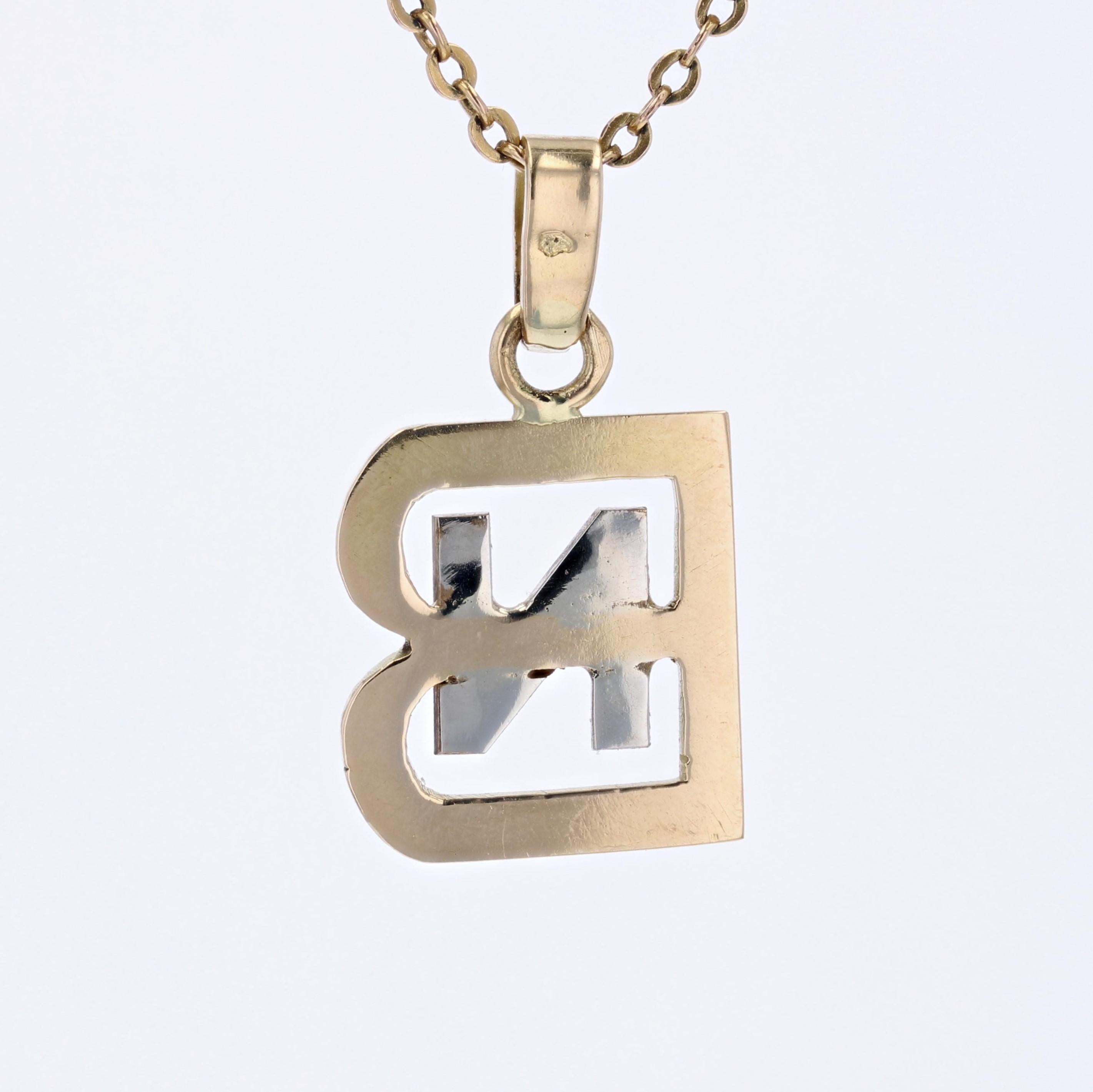 French 1970s 18 Karat Yellow White Gold Initials Pendant For Sale 2