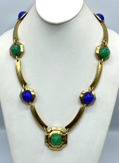 French 1970s / 1980s Gold Blue & Green Gripoix Glass Necklace