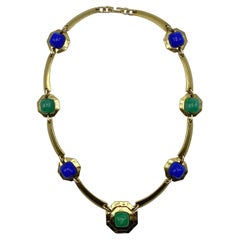 French 1970s / 1980s Gold Blue & Green Gripoix Glass Necklace