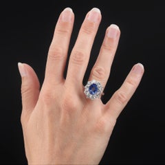French 1970s 3 Carat No Heat Sapphire Diamonds 18 Karat White Gold Daisy Ring