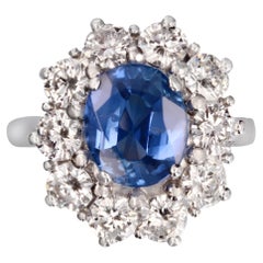 Vintage French 1970s 3 Carat No Heat Sapphire Diamonds 18 Karat White Gold Daisy Ring