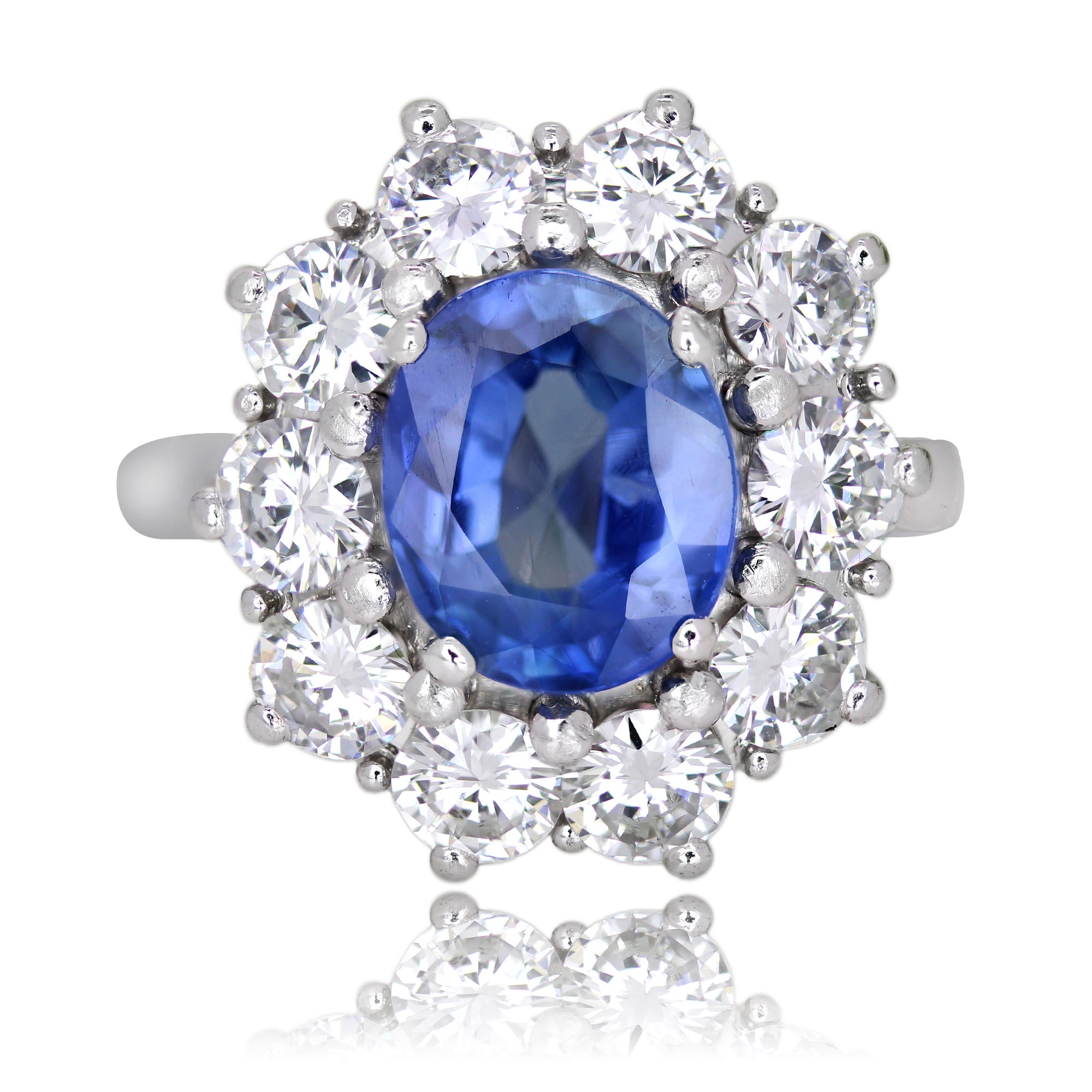 French 1970s 3 Carat No Heat Sapphire Diamonds 18 Karat White Gold Daisy Ring
