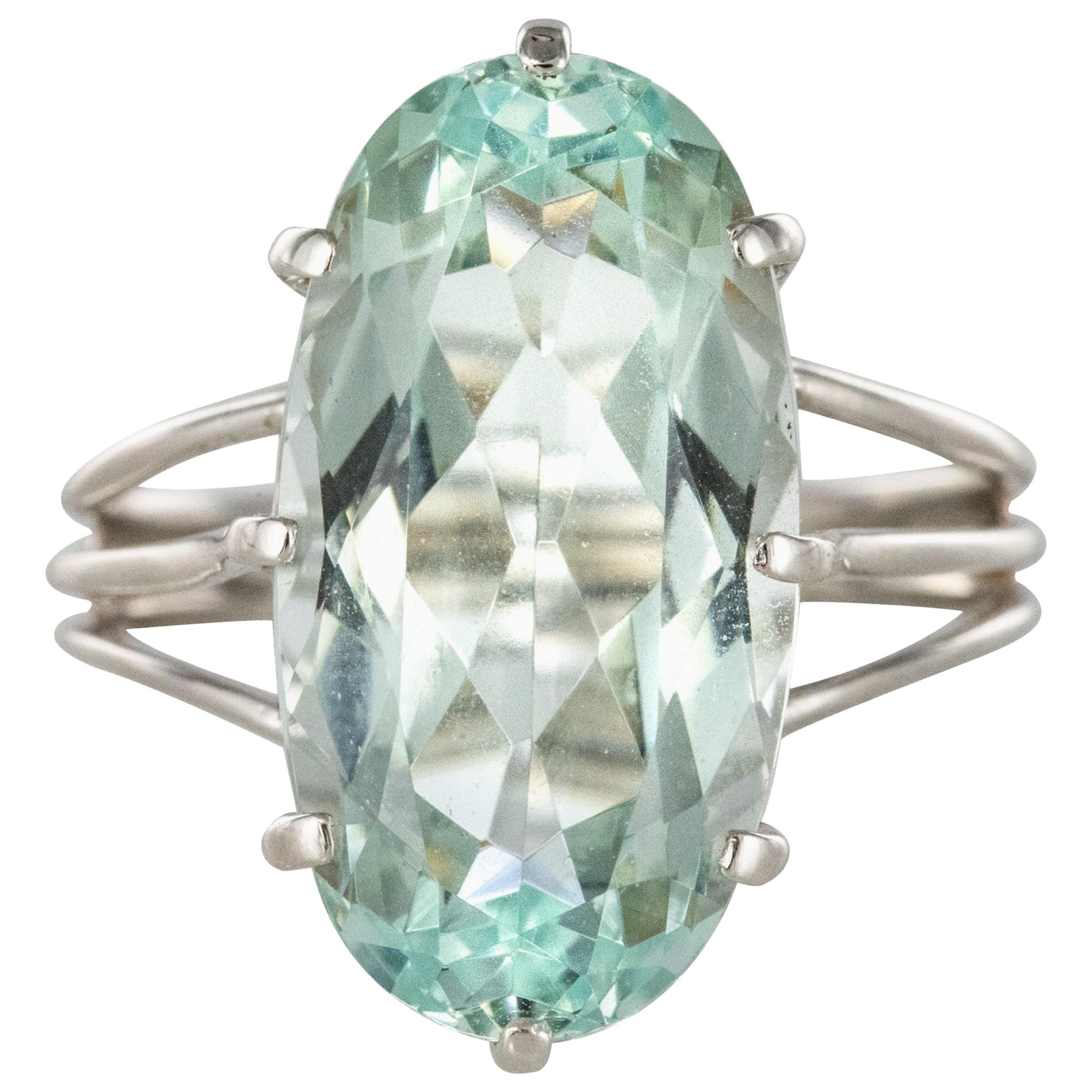 French 1970s 7 Carat Aquamarine 18 Karat White Gold Cocktail Ring