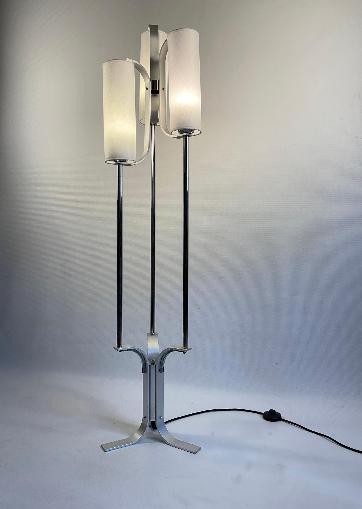 Aluminum 1970s Floor Lamp with Four Parchment Lampshades  For Sale