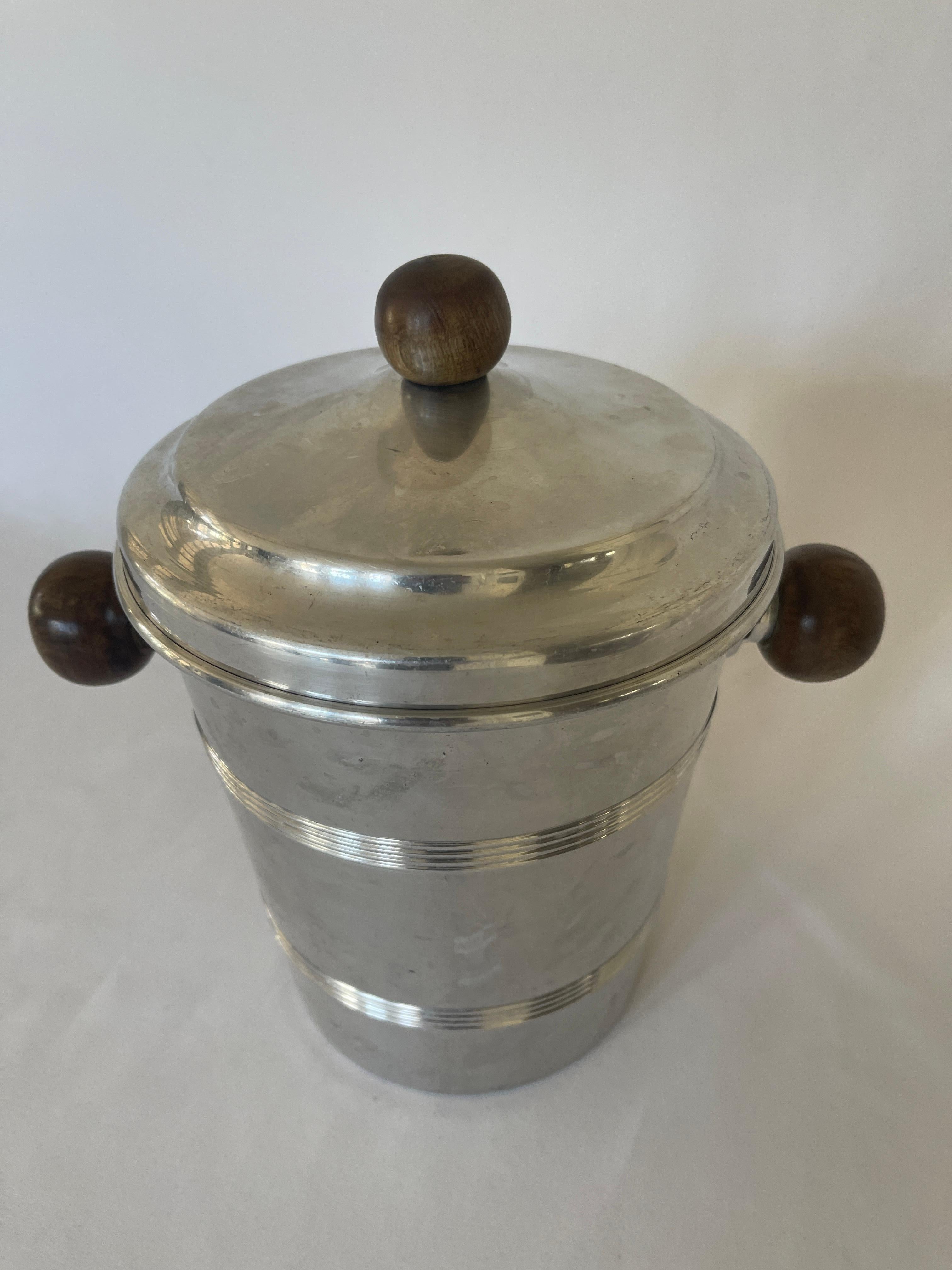 Mid-Century Modern French 1970's Aluminum Ice Bucket with Walnut Handles For Sale