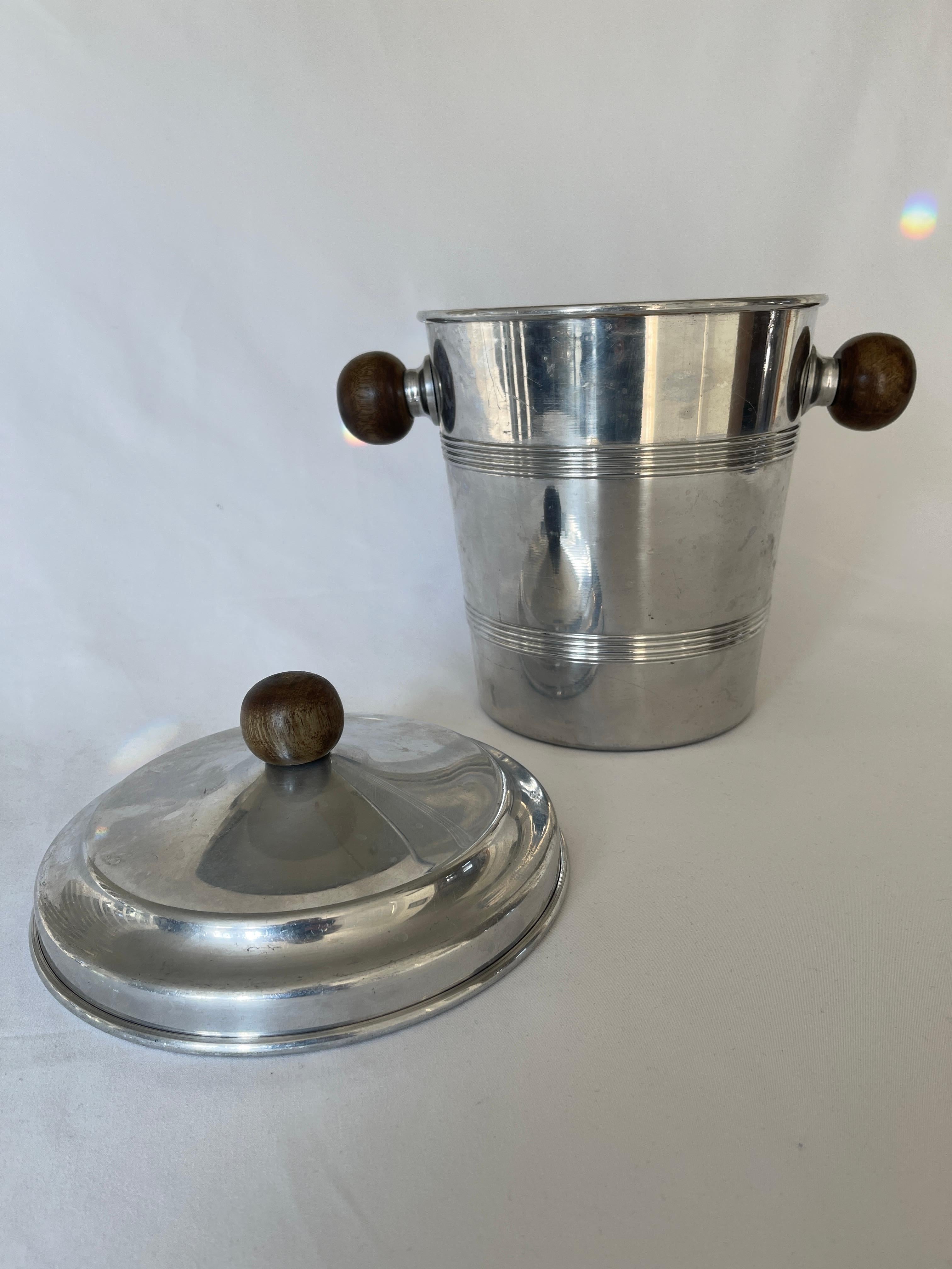 20th Century French 1970's Aluminum Ice Bucket with Walnut Handles For Sale