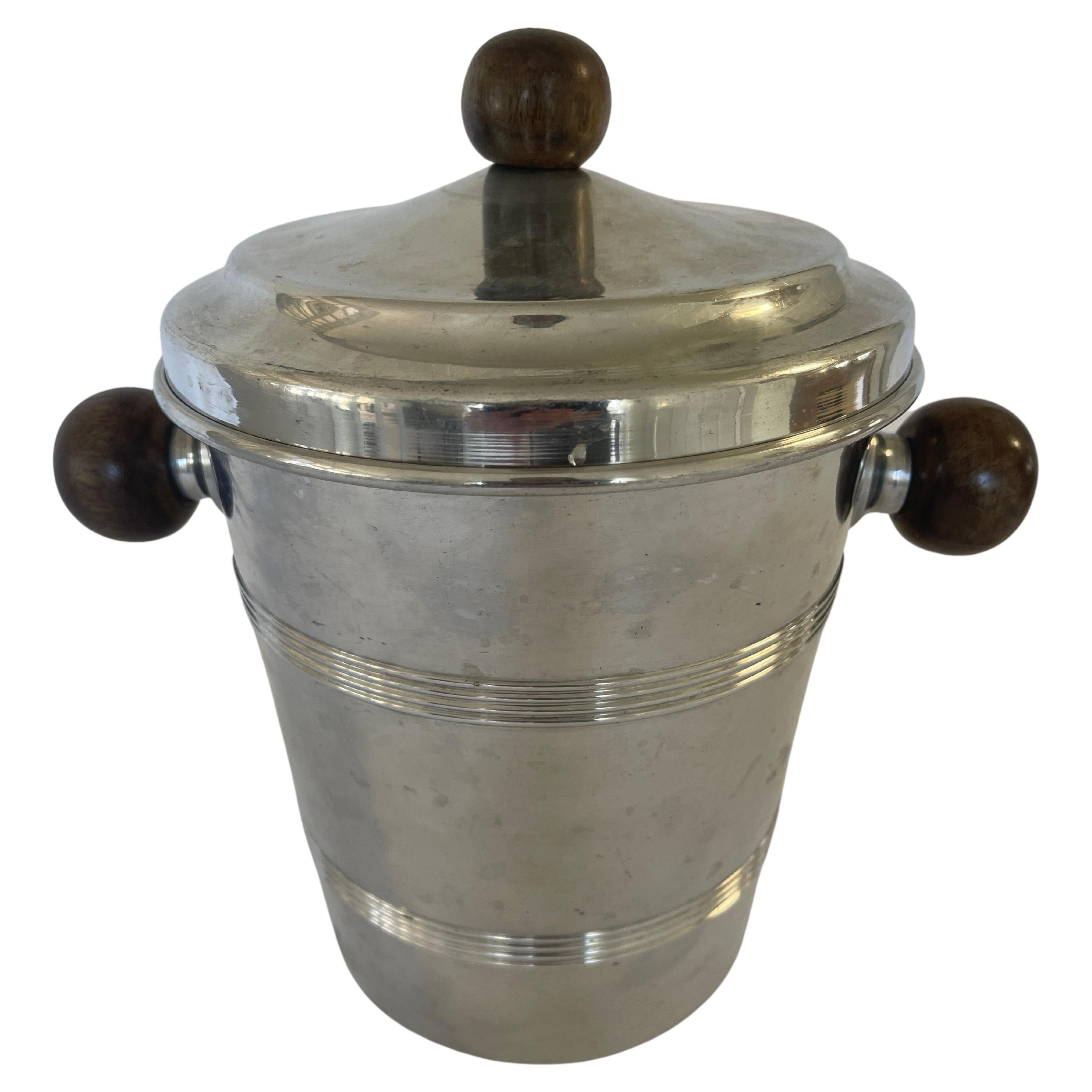 French 1970's Aluminum Ice Bucket with Walnut Handles For Sale