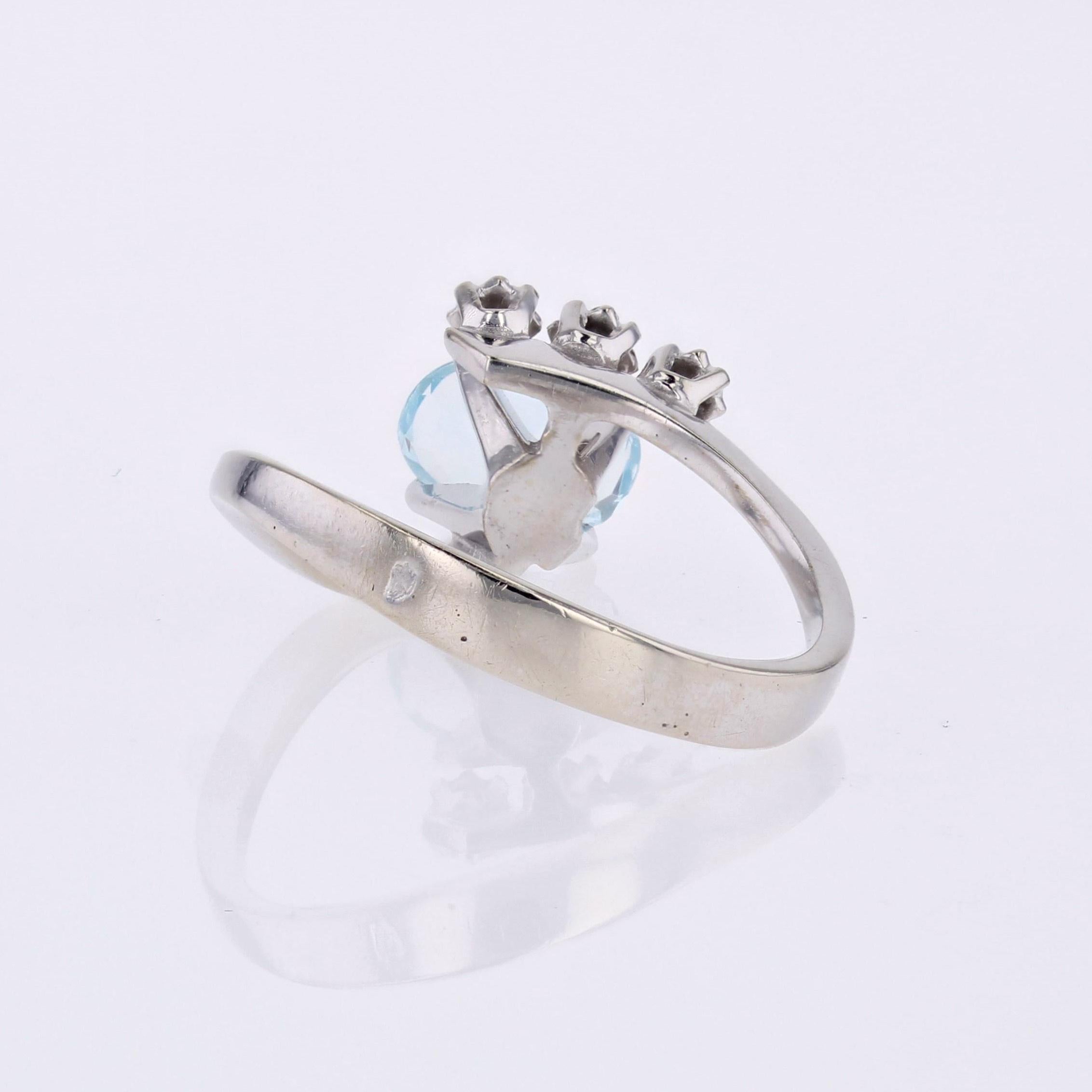 French 1970s Aquamarine Diamonds 18 Karat White Gold Asymmetrical Ring 12