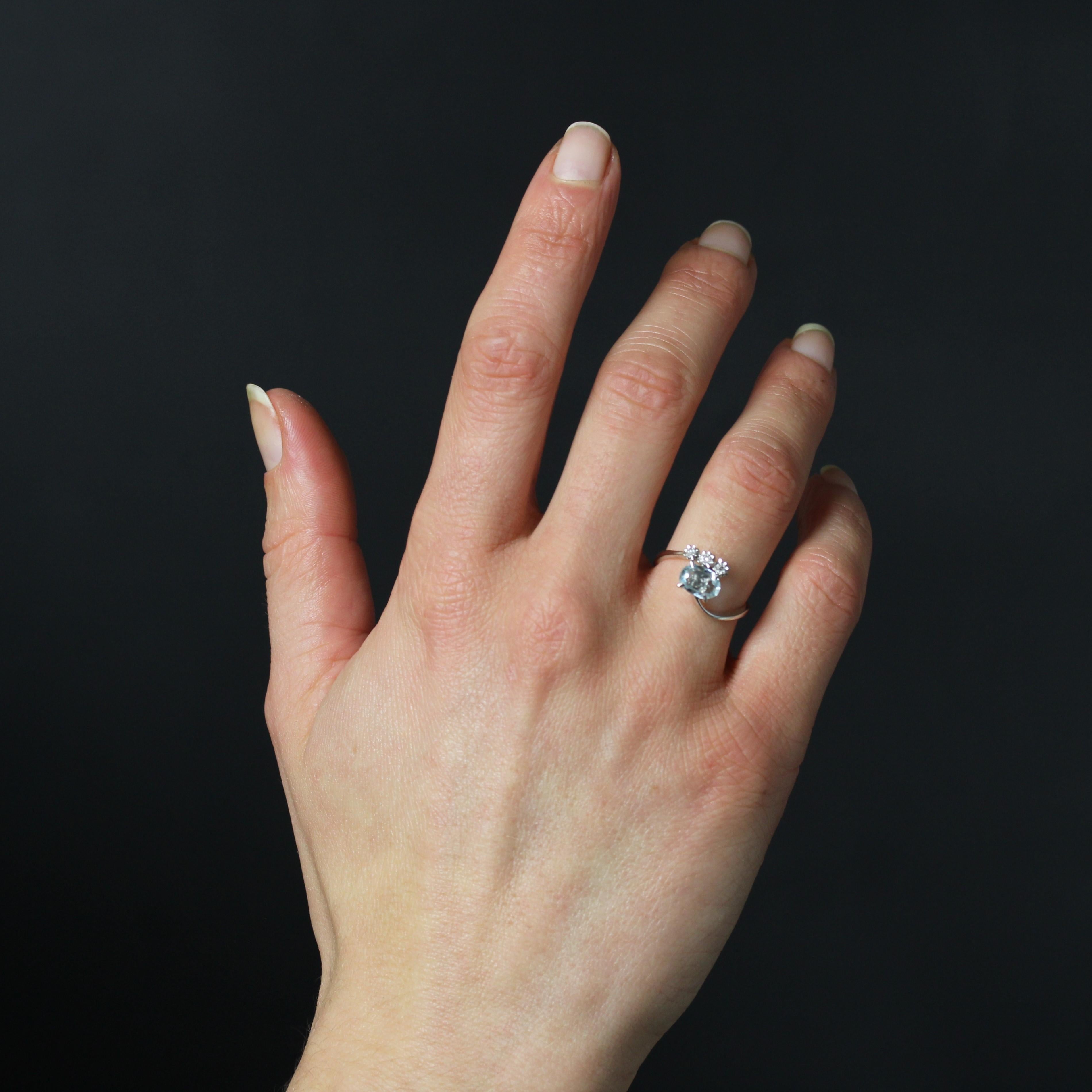 Oval Cut French 1970s Aquamarine Diamonds 18 Karat White Gold Asymmetrical Ring