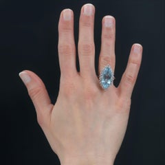 French 1970s Aquamarine Diamonds 18 Karat White Gold Marquise Ring