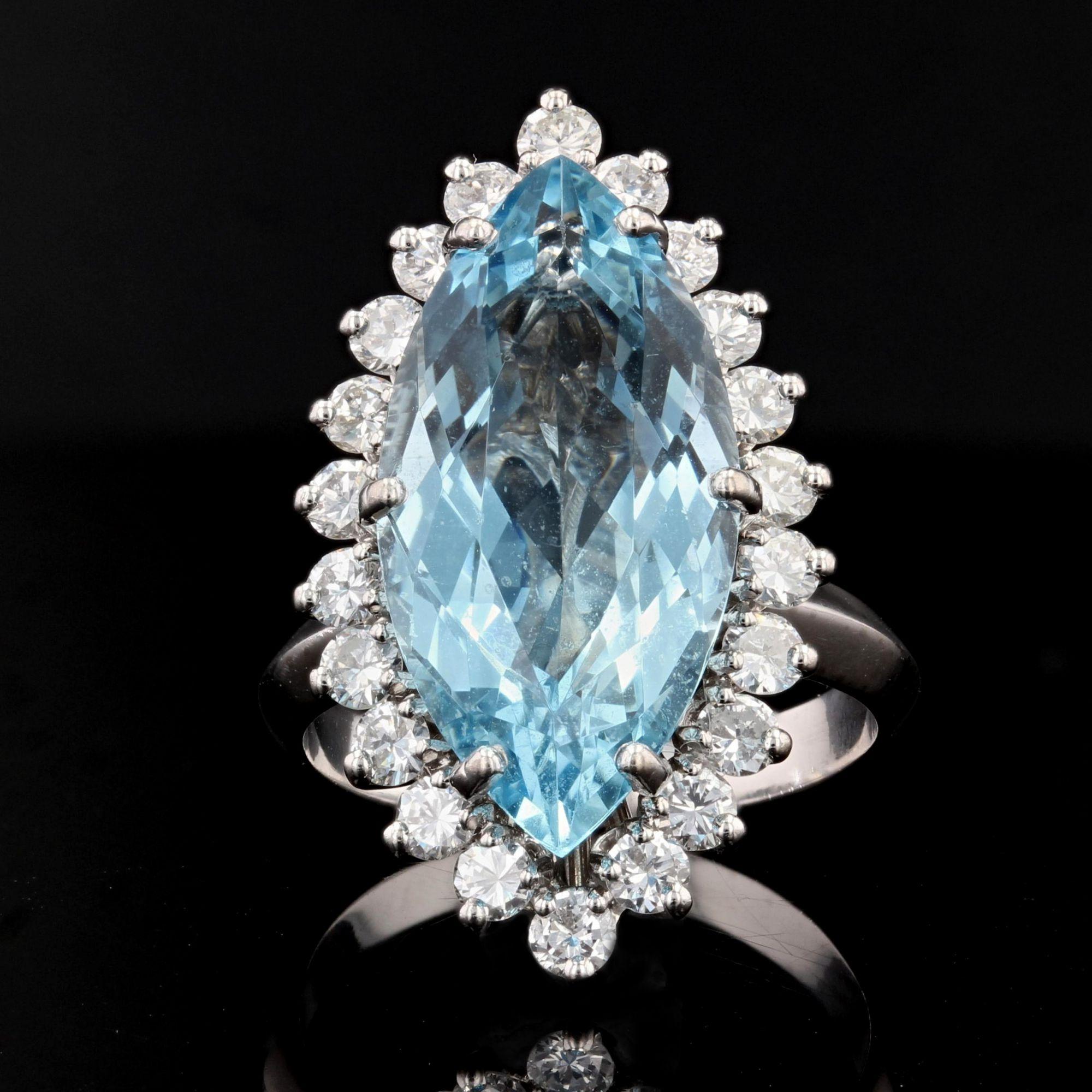 Retro French 1970s Aquamarine Diamonds 18 Karat White Gold Marquise Ring For Sale