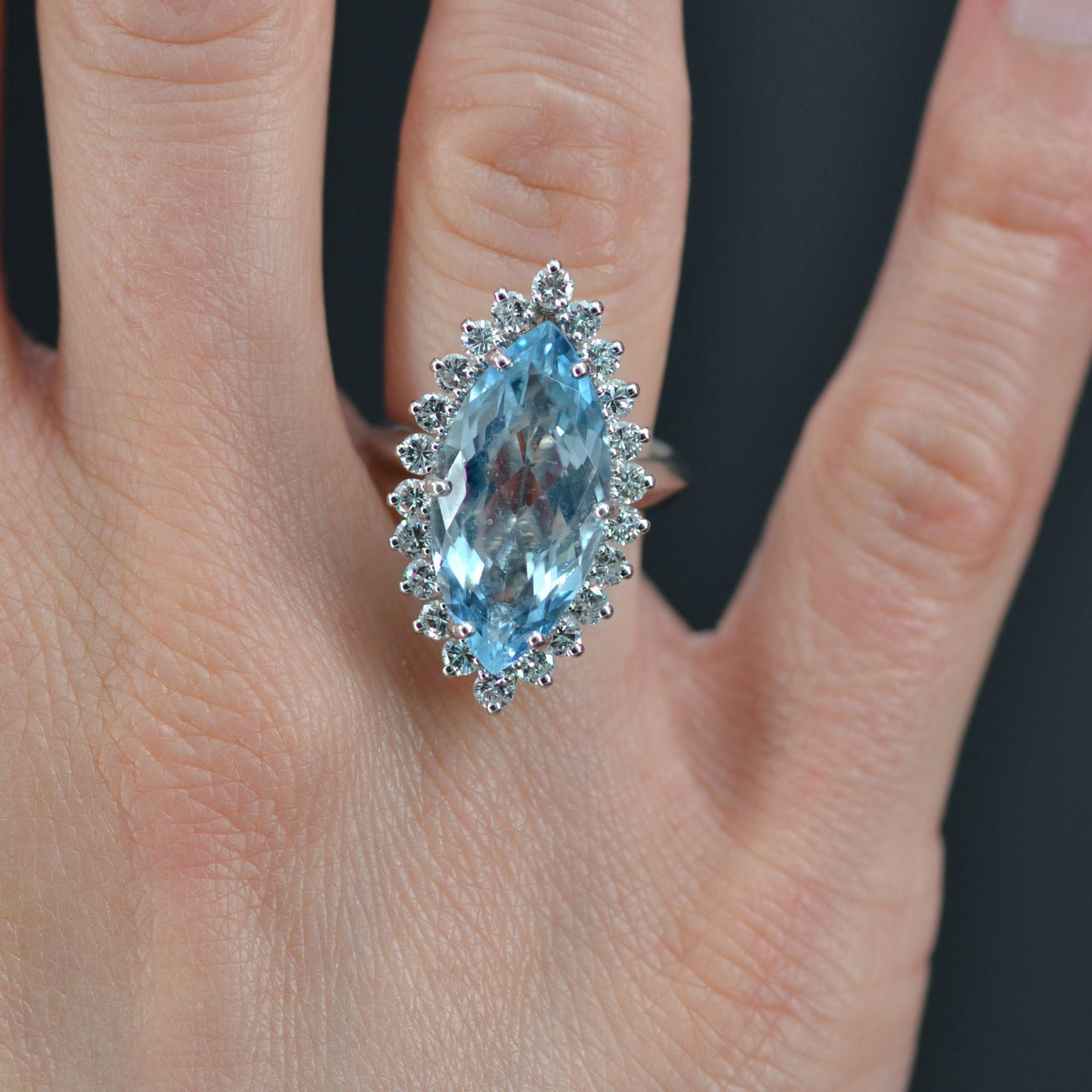 Marquise Cut French 1970s Aquamarine Diamonds 18 Karat White Gold Marquise Ring For Sale