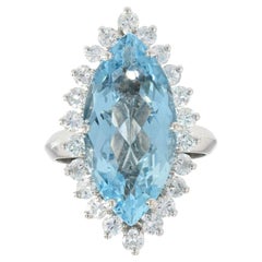 Vintage French 1970s Aquamarine Diamonds 18 Karat White Gold Marquise Ring