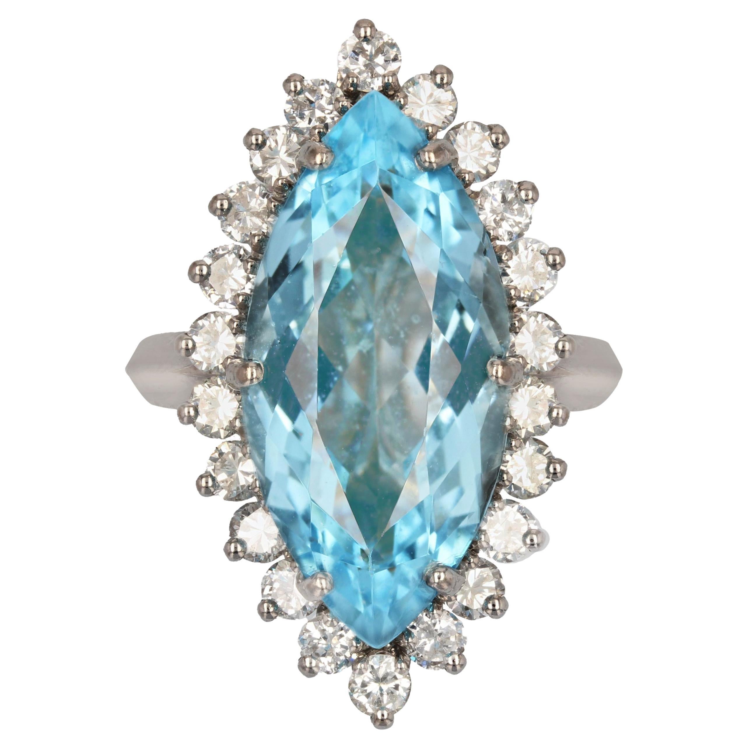 French 1970s Aquamarine Diamonds 18 Karat White Gold Marquise Ring For Sale