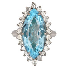 Vintage French 1970s Aquamarine Diamonds 18 Karat White Gold Marquise Ring