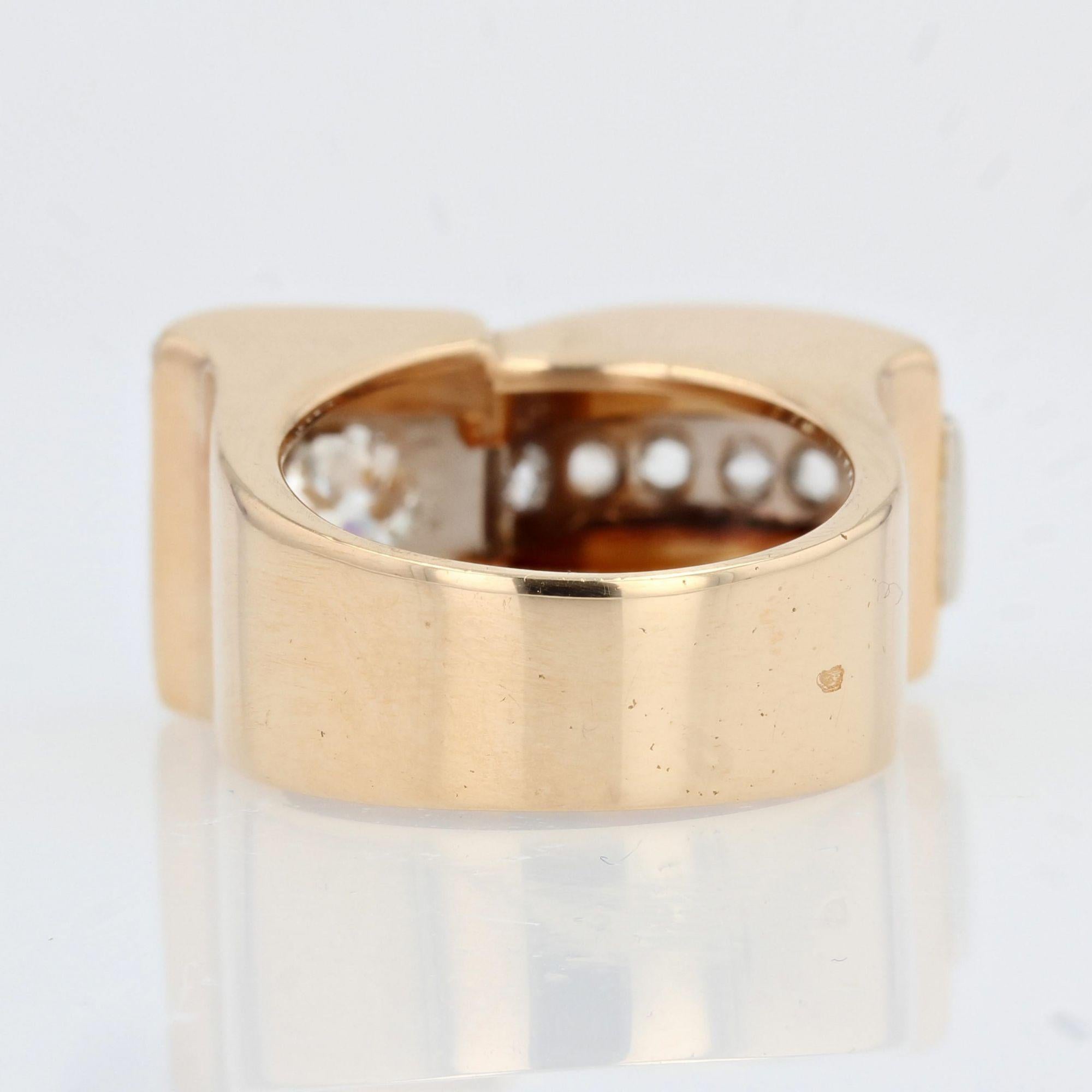 French 1940s Asymmetrical Diamond 18 Karat Rose Gold Tank Ring For Sale 1