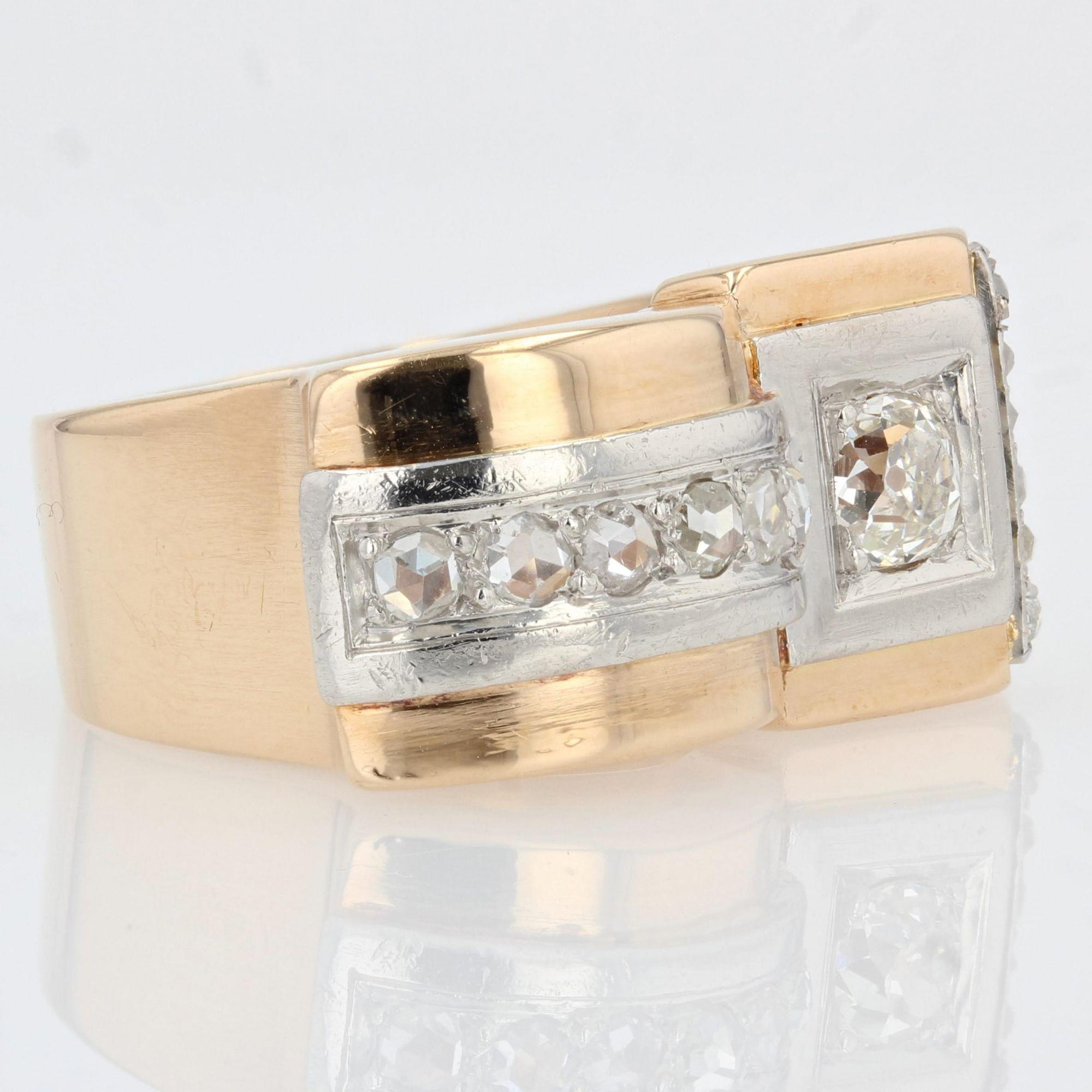 Antique Cushion Cut French 1940s Asymmetrical Diamond 18 Karat Rose Gold Tank Ring For Sale