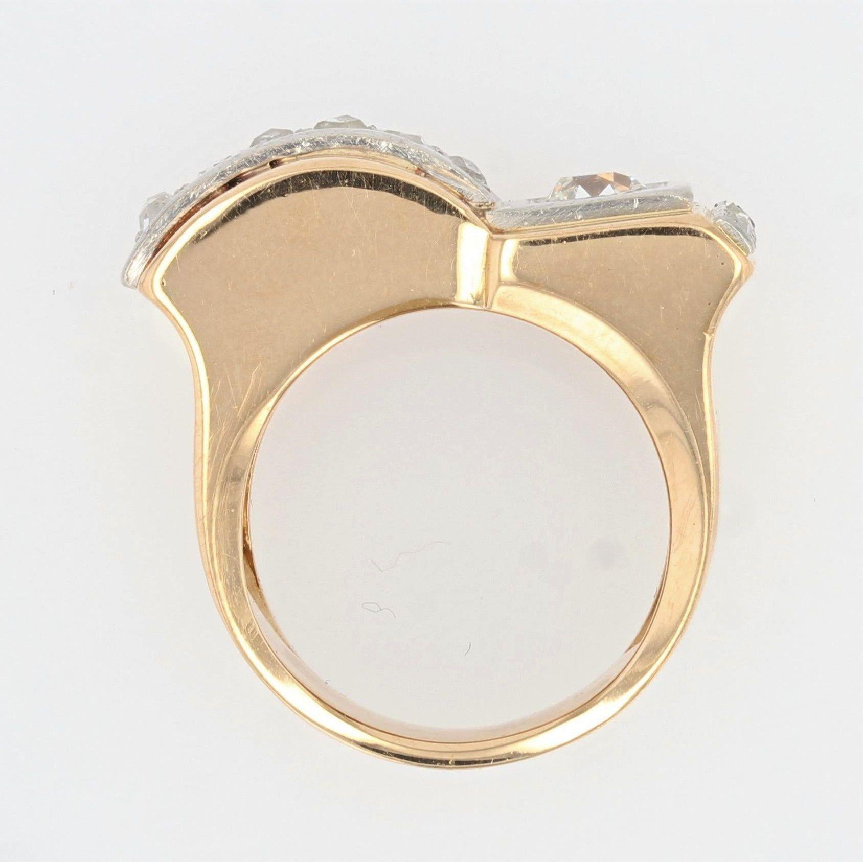 Women's French 1940s Asymmetrical Diamond 18 Karat Rose Gold Tank Ring For Sale