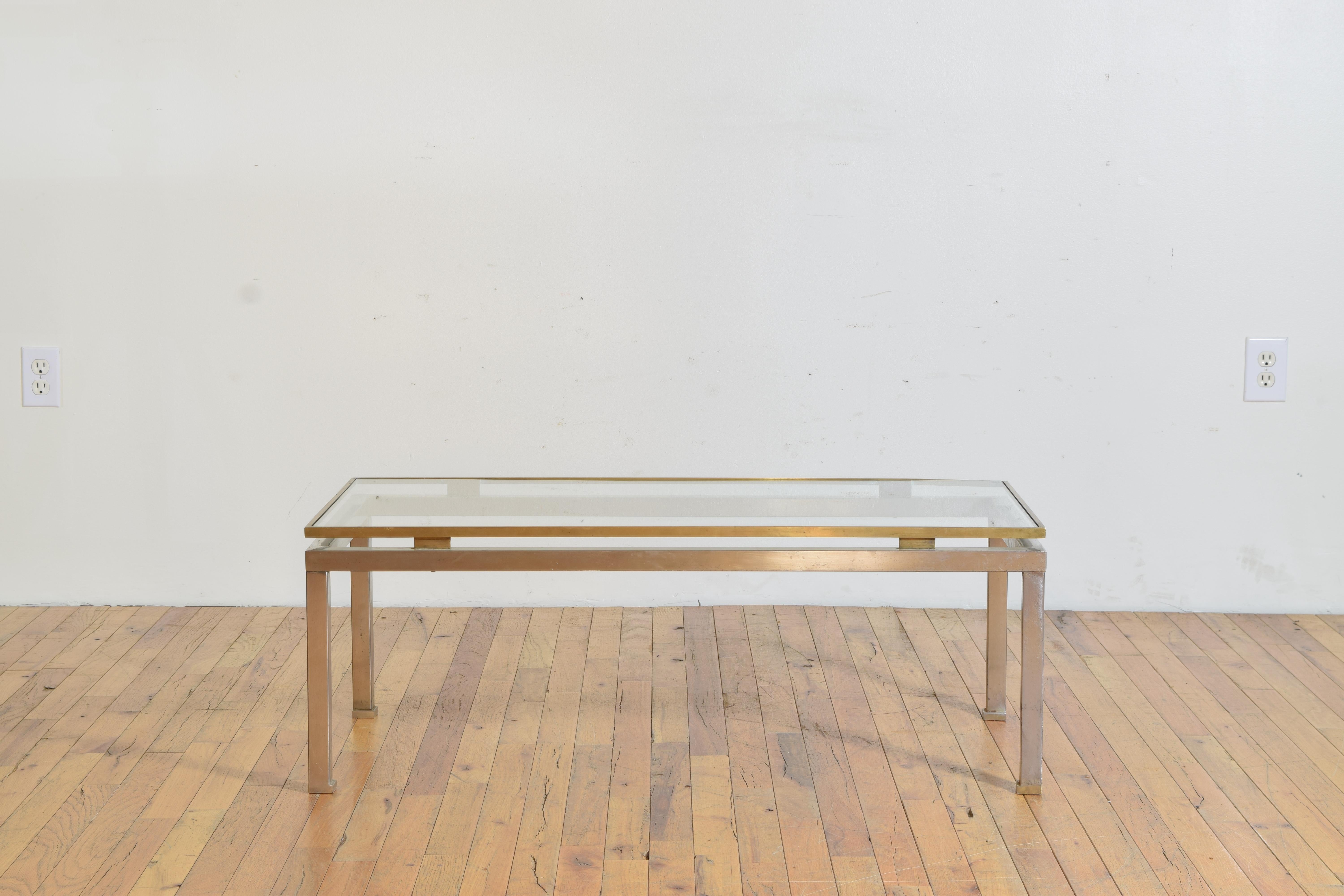Modern French 1970's Brass and Chrome Glass Top Coffee Table, manner of Romeo Rega For Sale
