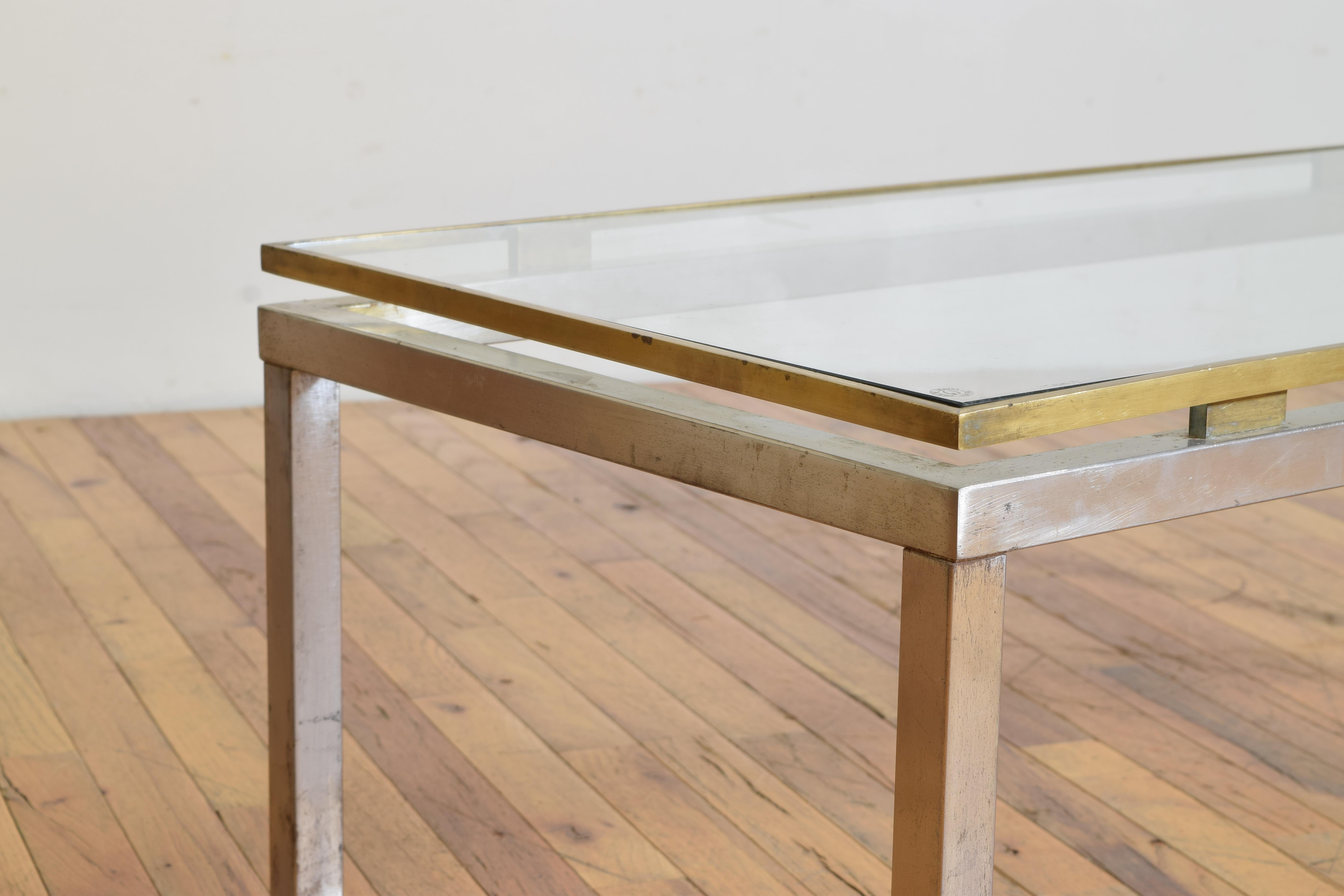 Metalwork French 1970's Brass and Chrome Glass Top Coffee Table, manner of Romeo Rega For Sale