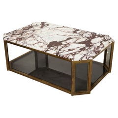 French 1970s Brass and Smoked Glass Coffee Table with Prunella Marble Top