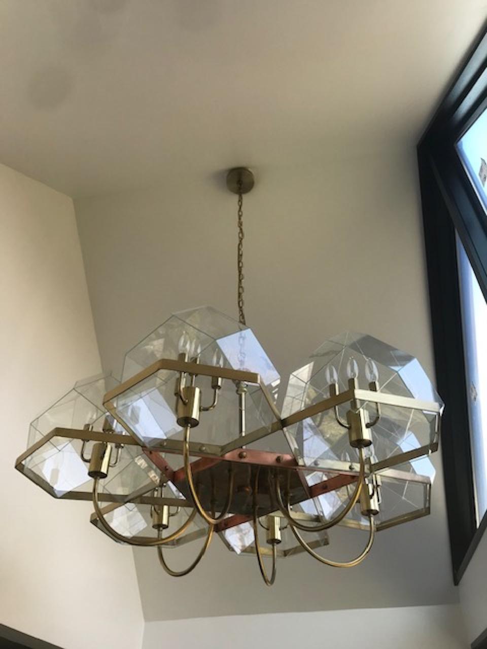 French 1970s Bronze and Glass Dome Six-Arm Chandelier For Sale 4