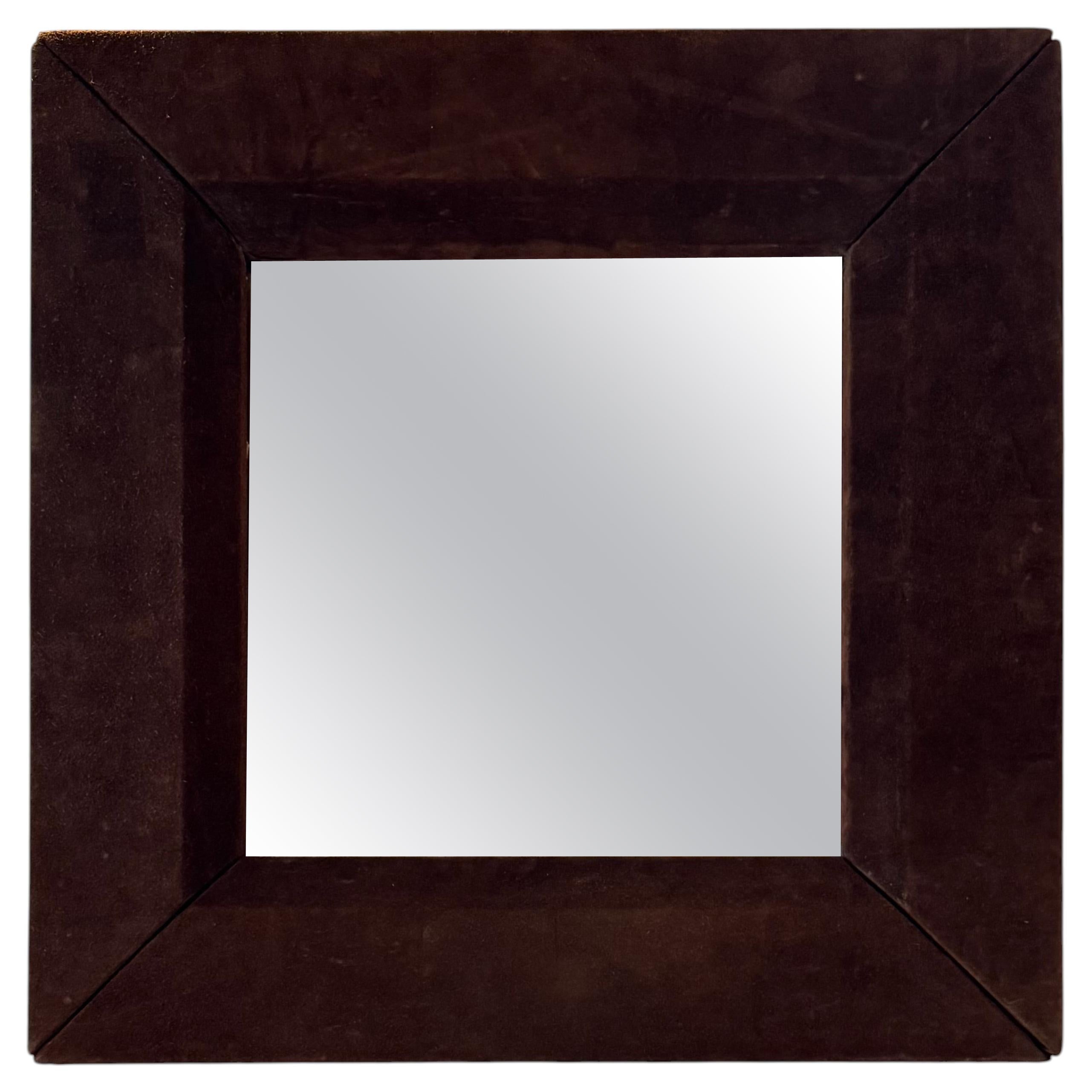 Mid-Century Modern Square Mirror in Brown Suede, Milo Baughman Style