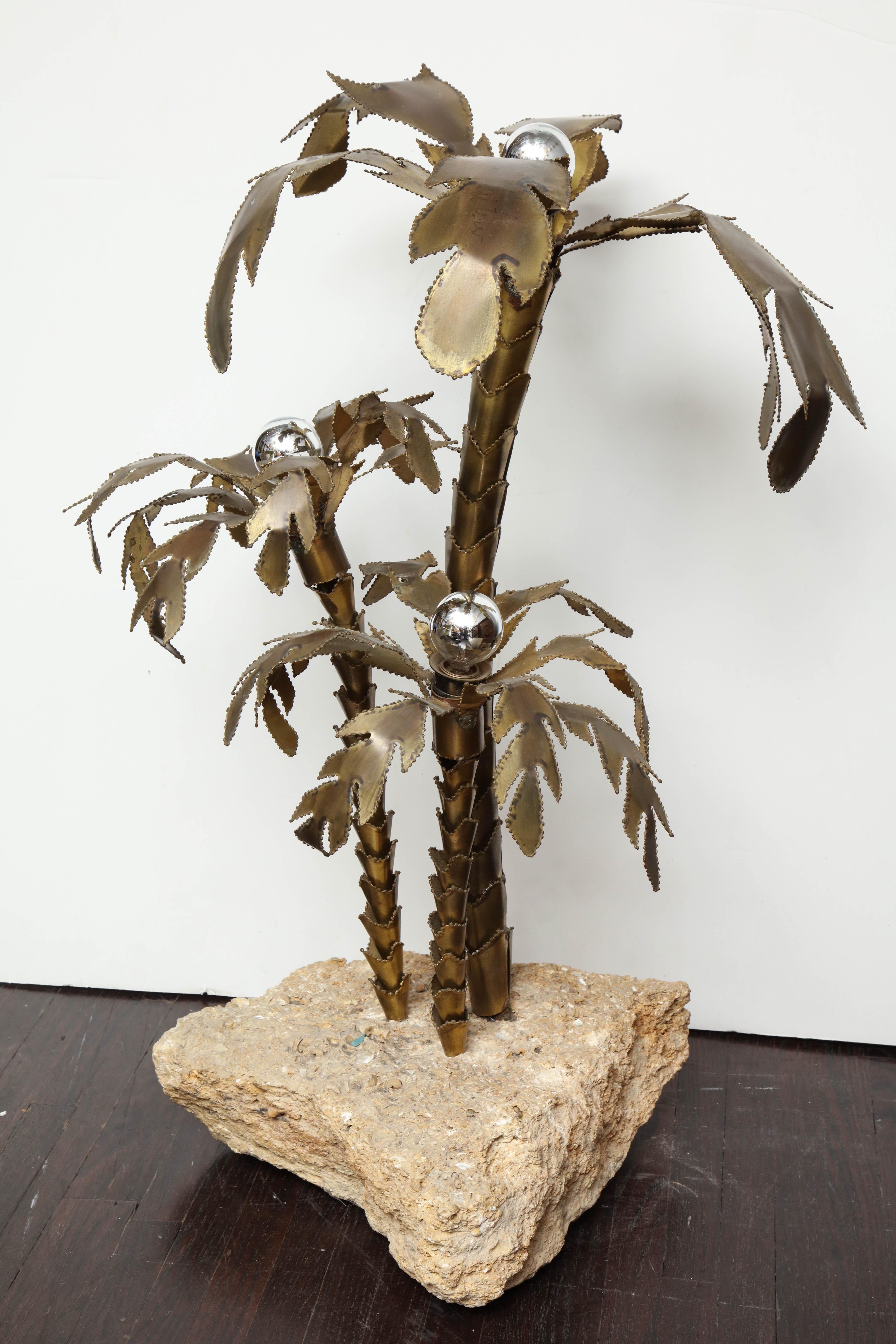 Late 20th Century 1970's French Brutalist Palm Tree Lamp with Natural Stone Base For Sale