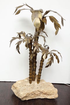 1970's French Brutalist Palm Tree Lamp with Natural Stone Base