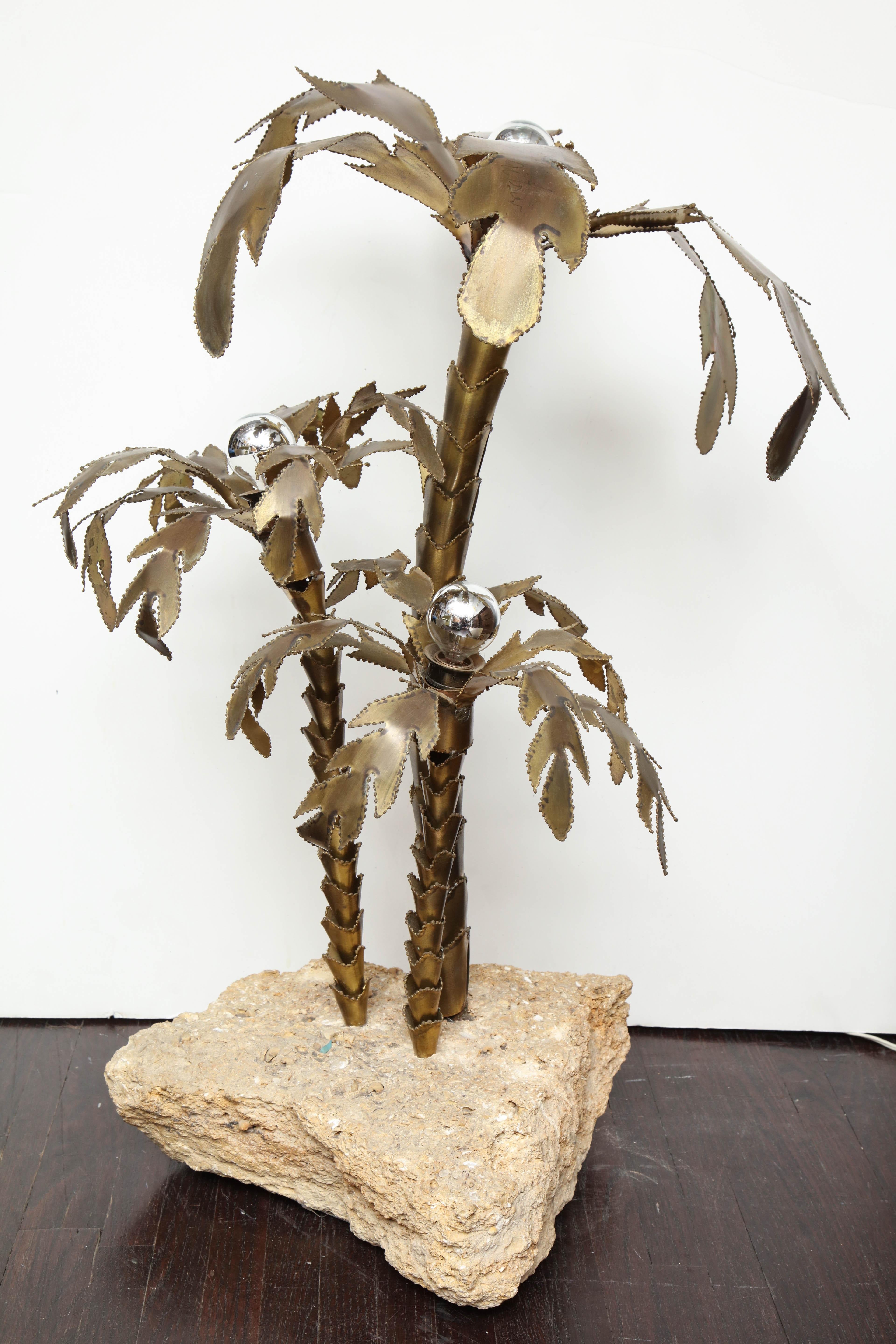 1970's French Brutalist Palm Tree Lamp with Natural Stone Base In Fair Condition For Sale In New York, NY