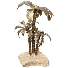1970's French Brutalist Palm Tree Lamp with Natural Stone Base