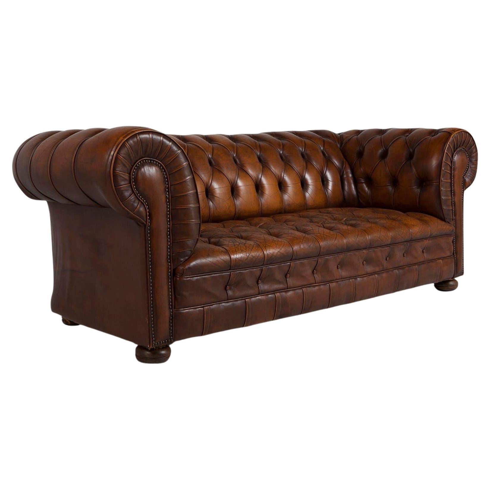 French 1970's Chesterfield Sofa with Original Leather