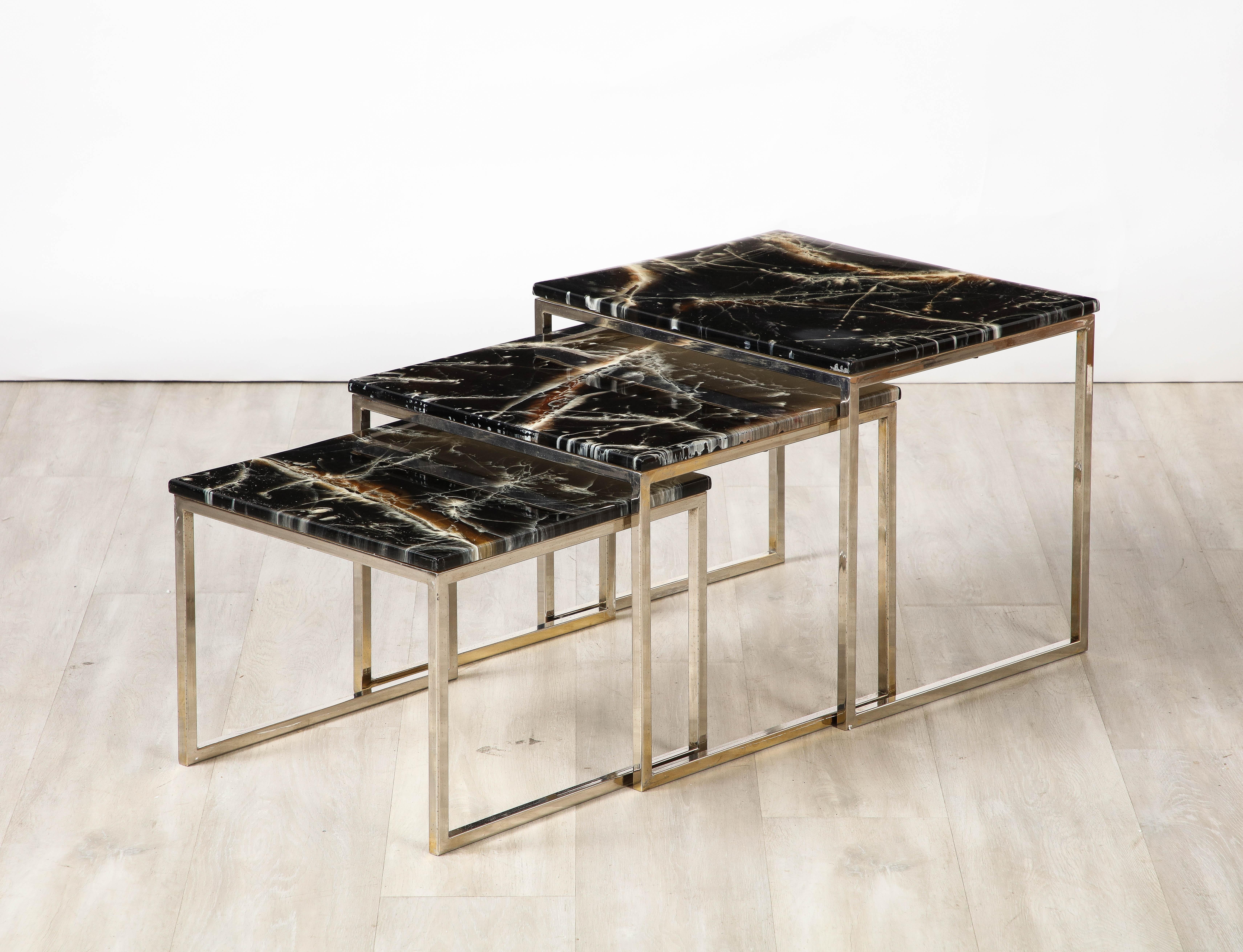 French 1970's Chrome and Faux Stone Nesting Tables For Sale 5